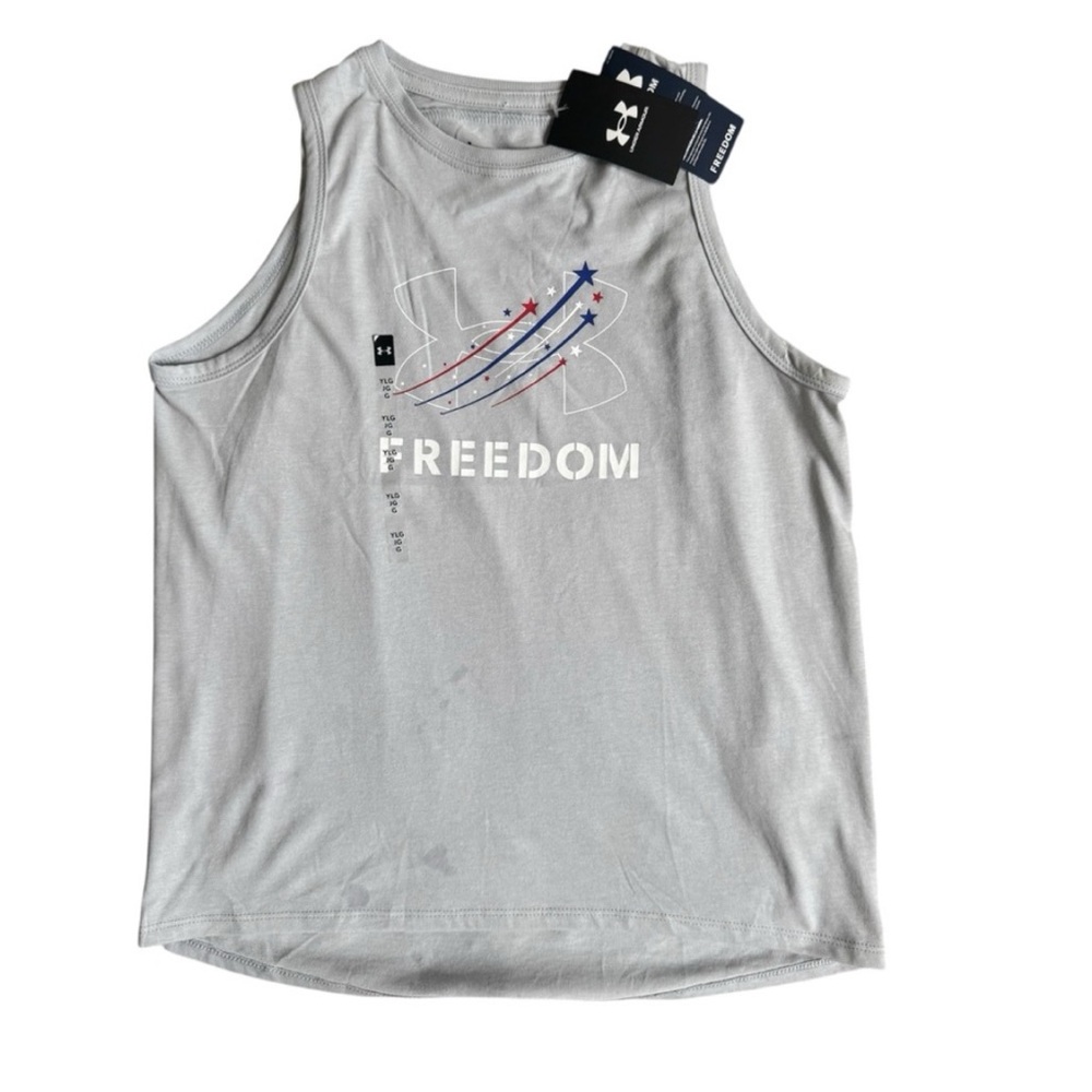 Under Armour Kids GreyTank Top with Red, White, Blue Fireworks Youth Large NWT